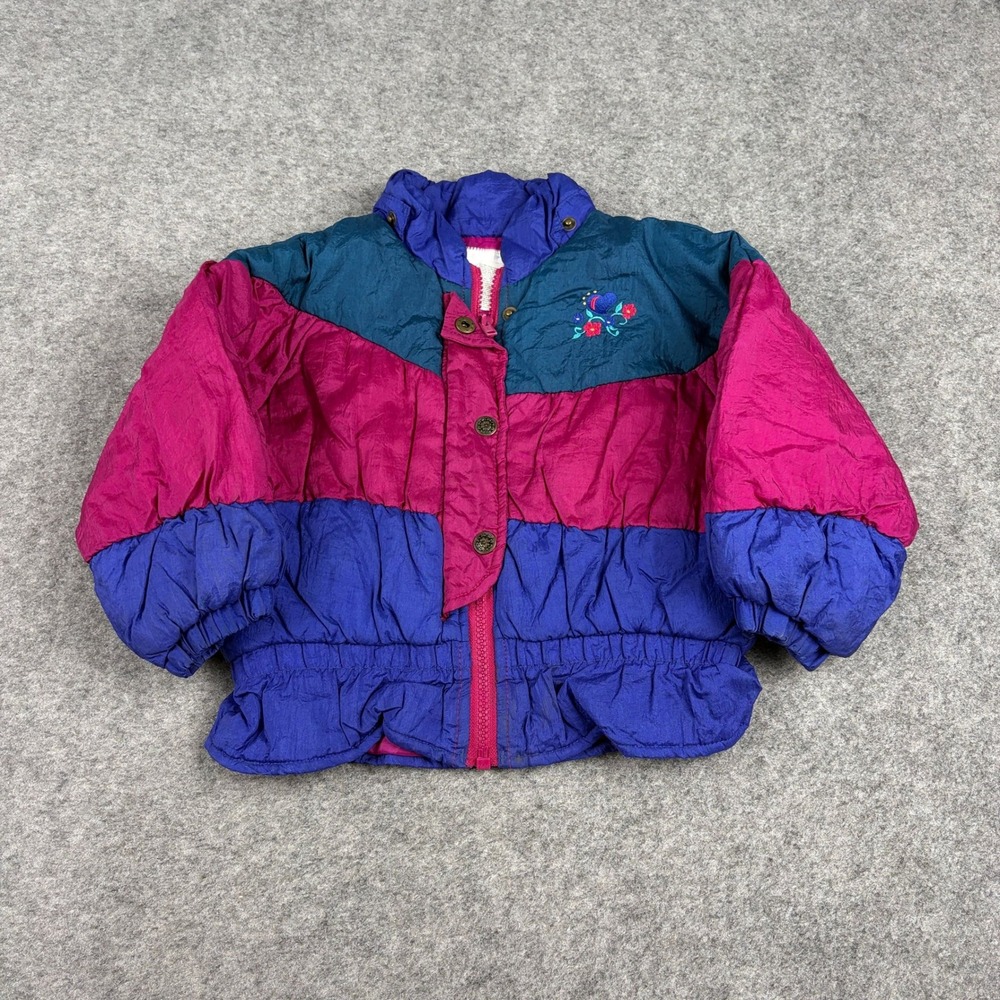 Weather Tamer Puffer Jacket Girls Size 3T Vintage Colorblock Heart Floral 90s